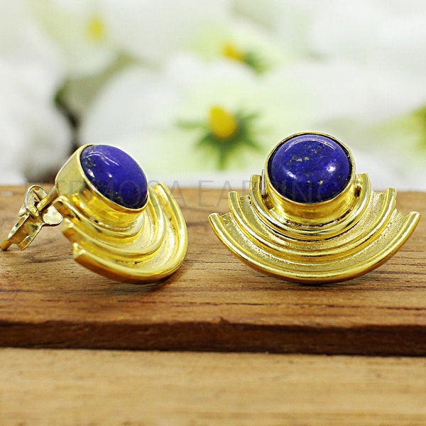 Clous d'oreilles en lapis lazuli, clous d'oreilles de créateur pour femme, clous géométriques, bijoux bleus, clous plaqués or pour fête