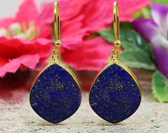 Lapis Lazuli Gemstone Earrings, Lapis Earrings Gold, Brass Jewelry, Blue Lapis Earrings, Bohemian Drop Earrings, Birthstone Earrings For Her