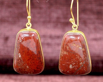 Red Jasper Gemstone Earrings, Red Stone Earrings, Natural Jasper Earrings, Gold Plated Brass Earrings, Boho Earrings, Women Drop Earrings