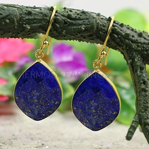 Lapis Lazuli Gemstone Earrings, Lapis Earrings Gold, Brass Jewelry, Blue Lapis Earrings, Bohemian Drop Earrings, Birthstone Earrings For Her image 4