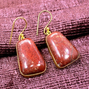 Red Jasper Gemstone Earrings, Red Stone Earrings, Natural Jasper Earrings, Gold Plated Brass Earrings, Boho Earrings, Women Drop Earrings image 3