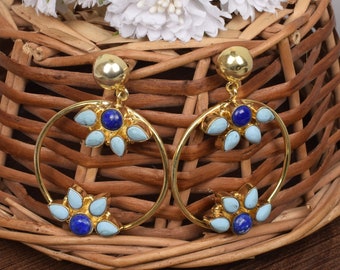 Boucles d'oreilles turquoise et lapis lazuli : style ethnique, fait main