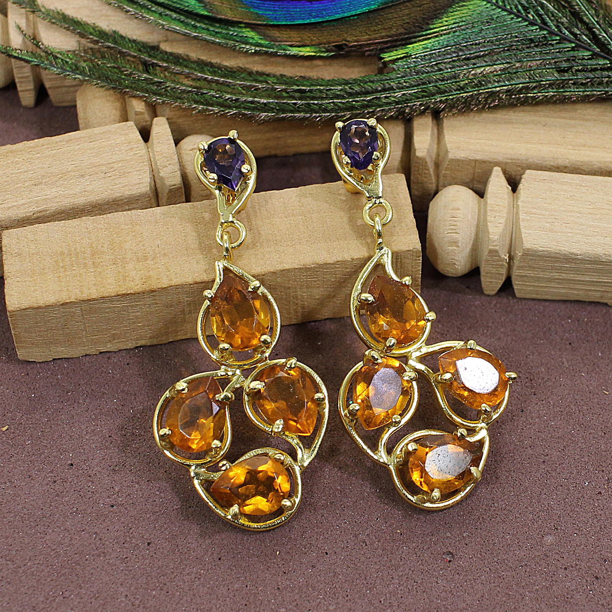 Citrine and Amethyst Designer Earrings Leafs Dangle Earrings Etsy UK