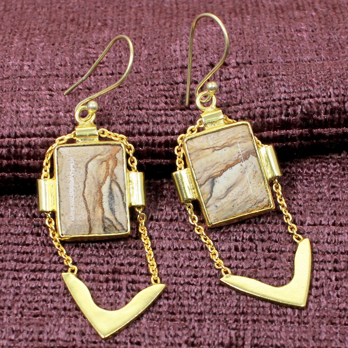 Picture Jasper Earrings Gold Plated Brass Jewelry Chain Etsy