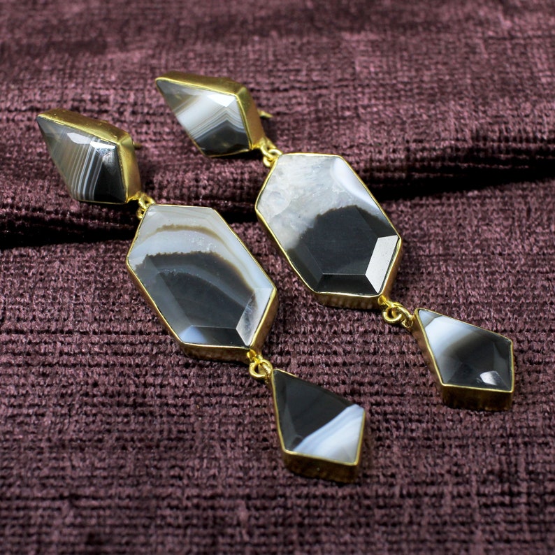 Brass Gold Plated Earrings Statement Jewelry Handmade Earrings For Girls /& Women Botswana Agate Drop Earrings