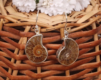 Ammonite Fossil Earrings: Handmade 925 Sterling Silver Dangle Jewelry