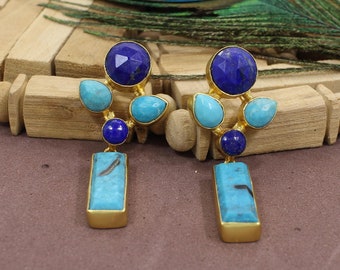 Boucles d'oreilles lapis lazuli et pierres précieuses turquoise, laiton plaqué or, fait main, cadeau de Noël