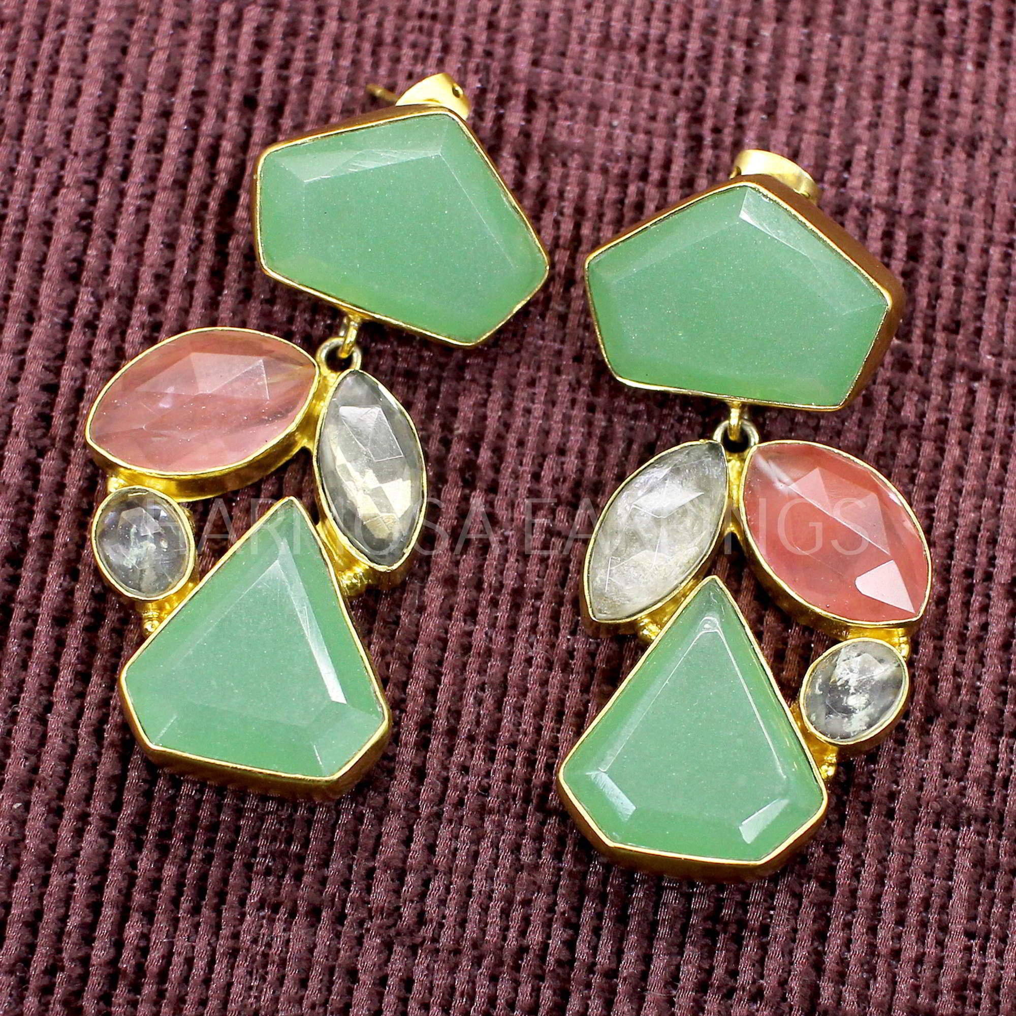 Chrysoprase Gemstone Long Earrings Multi Gemstone Earrings Etsy UK