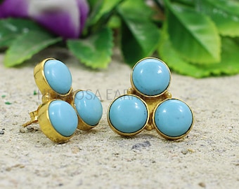 Silver Turquoise Gemstone Trio Studs Earrings