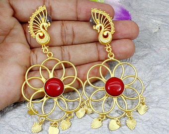 Orecchini Maxi Pendenti Vintage Ovali Corallo E Oro Giallo - 4.5