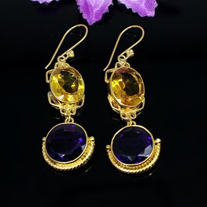 Dangling Earrings- Amethyst & Citrine Hydro Gemstone Earrings- Engagement Gifts- Bohemian Earrings- Partywear Earrings- Victorian Jewelry