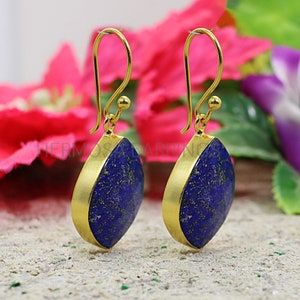 Lapis Lazuli Gemstone Earrings, Lapis Earrings Gold, Brass Jewelry, Blue Lapis Earrings, Bohemian Drop Earrings, Birthstone Earrings For Her image 3