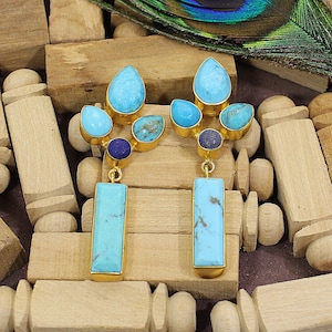Lapis Lazuli Gemstone Earrings- Turquoise Earrings for Women- Hanging Earrings- Ethnic Earrings- Gold Plated Earrings- Anniversary Gifts