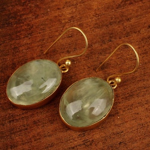 Handmade Green Prehnite Dangle Earrings: Brass Gemstone Jewelry