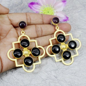 Black Onyx And Purple Amethyst Gemstone Brass Designer Earrings