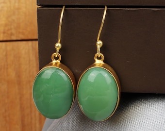 Chrysoprase Gold Plated Brass Earrings, Gemstone Earrings, Oval Drop Earrings, Gold Dangling Earring, Chrysoprase Jewelry, Festival Gift Her