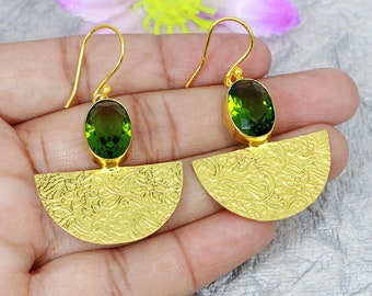 Peridot Gemstone Earrings, Handmade Dangle Earrings, Gemstone Earrings, Women Party Wear Earrings, Gold Plated Earrings, Gift Earrings