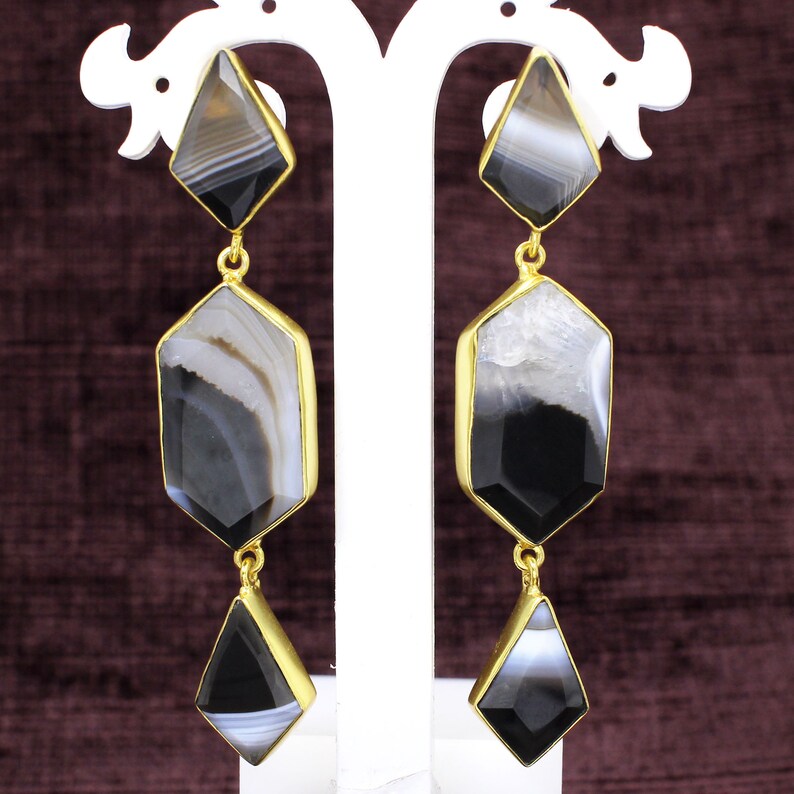 Brass Gold Plated Earrings Statement Jewelry Handmade Earrings For Girls /& Women Botswana Agate Drop Earrings