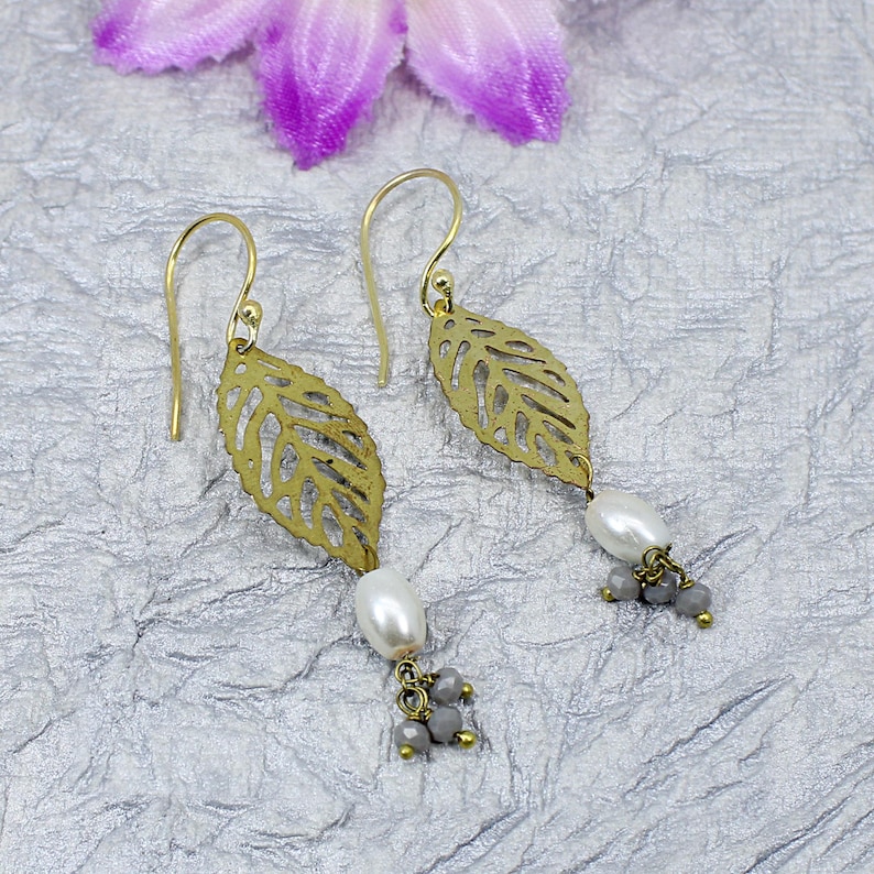Laser Cut Earrings Gold Plated Jewelry Gift For Wife Filigree Earrings Pearl Earrings Leaf Earrings Agate Gemstone Grey Agate Jewelry