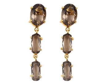 Smoky Quartz Gemstone Earrings, Gold Prong Set Earrings, Long Dangle Earrings, Smoky Quartz Jewelry, Brass Bridal Earrings, Bohemian Jewelry