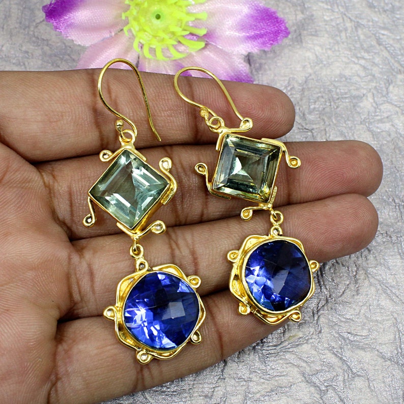 Tanzanite Gemstone Handcrafted Jewelry,Long Dangle Earring,Gold Plated Brass Earring Gift For Her Friend,Vintage Green Amethyst Earring
