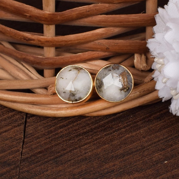 Pyrite Stud Earring, Round Small Stud, Marcasite Pyrite Stud Earring, Marcasite Pyrite Jewelry, Bezel Set Stud Earring, Gold Stud Earrings