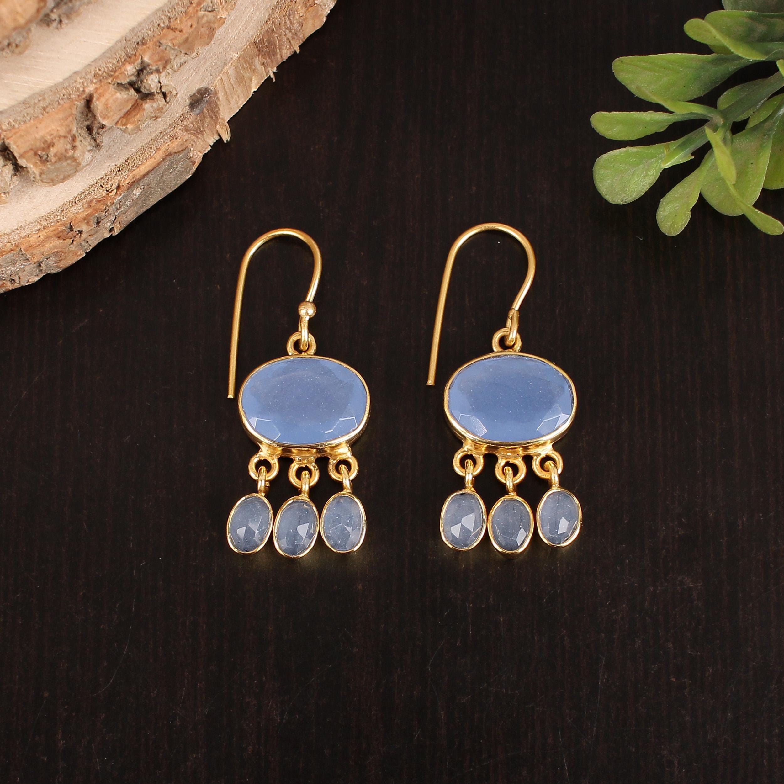 Handmade Blue Chalcedony Brass Earrings: Gold Plated Dangle Jewelry