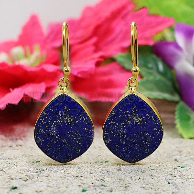 Lapis Lazuli Gemstone Earrings, Lapis Earrings Gold, Brass Jewelry, Blue Lapis Earrings, Bohemian Drop Earrings, Birthstone Earrings For Her image 1
