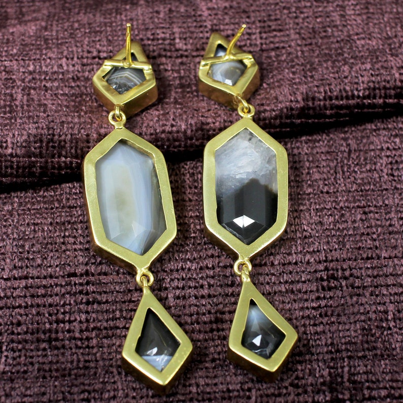 Brass Gold Plated Earrings Statement Jewelry Handmade Earrings For Girls /& Women Botswana Agate Drop Earrings