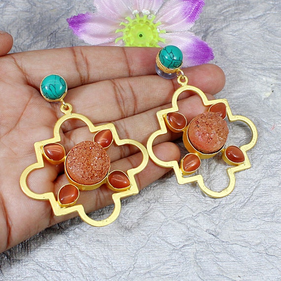 Noble Nature Orecchini Boho Quarzo Rosa - Placcati Oro 24K - Pietre Naturali Uniche - Made In Austria