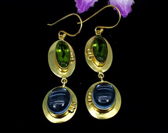 Peridot Earrings- Blue Topaz Jewelry- August Birthstone Earrings- Green Stone Earring- Blue Gemstone- Designer Earrings- Handmade Earrings