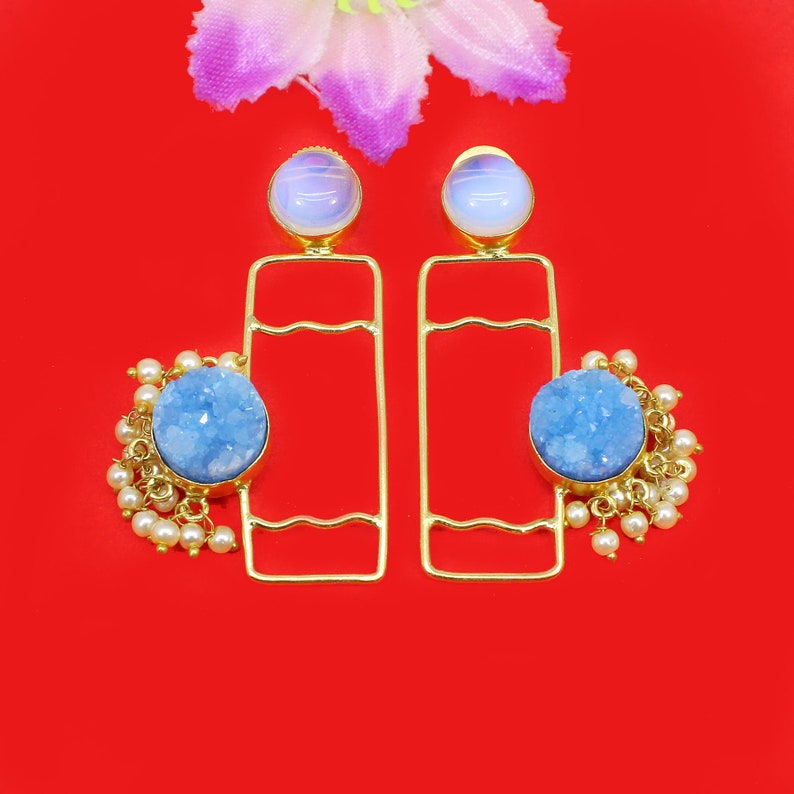 Blue Druzy Earrings Opalite Earrings Pearl Indian Jewelry Etsy
