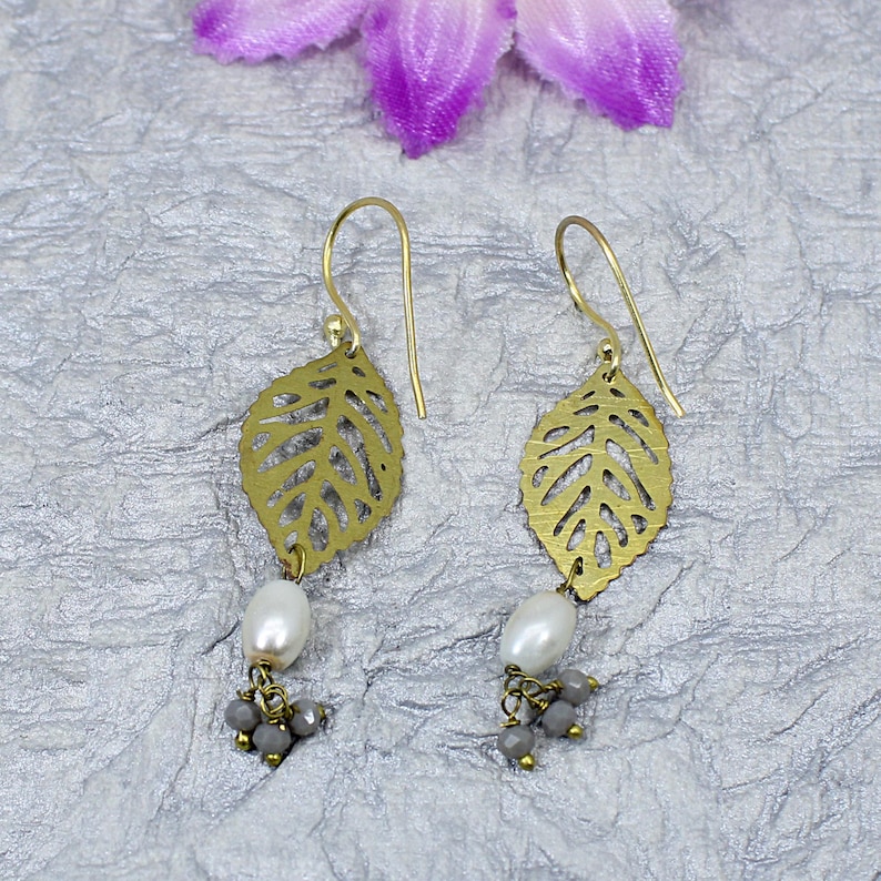 Laser Cut Earrings Gold Plated Jewelry Gift For Wife Filigree Earrings Pearl Earrings Leaf Earrings Agate Gemstone Grey Agate Jewelry