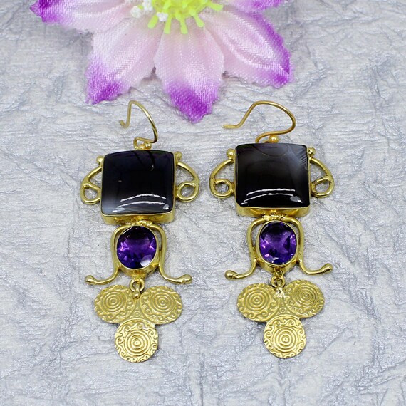 Boucles D'oreilles Pendantes Goutte En Améthyste Africaine Lab-created - Plaqué Argent, Longueur 1,7" - Neuf Sans Emballage