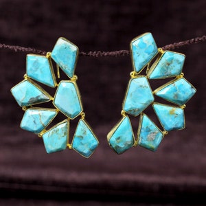Natural Turquoise Stud Earring, Gold Plated Flower Earrings. Brass Jewelry for Women, December Birthstone, Push Back Earring, Gift For Her