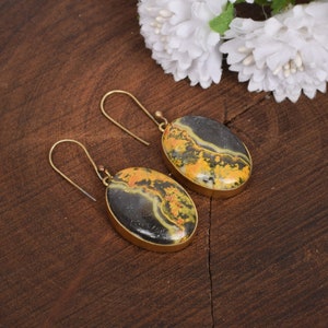 Bumble Bee Jasper Gemstone Earrings, Gold Plated Brass Earrings, Oval Gemstone Earrings, Daily Wear Earrings For Woman, Jasper Jewelry