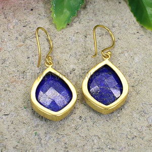 Lapis Lazuli Gemstone Earrings, Lapis Earrings Gold, Brass Jewelry, Blue Lapis Earrings, Bohemian Drop Earrings, Birthstone Earrings For Her image 2