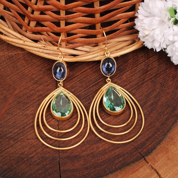 Aquamarine And Blue Topaz Earrings, Dangling Wedding Earrings, Multi Gemstone Earrings, Anniversary Gift For Wife, Handmade Brass Earrings