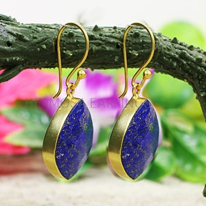Lapis Lazuli Gemstone Earrings, Lapis Earrings Gold, Brass Jewelry, Blue Lapis Earrings, Bohemian Drop Earrings, Birthstone Earrings For Her image 5