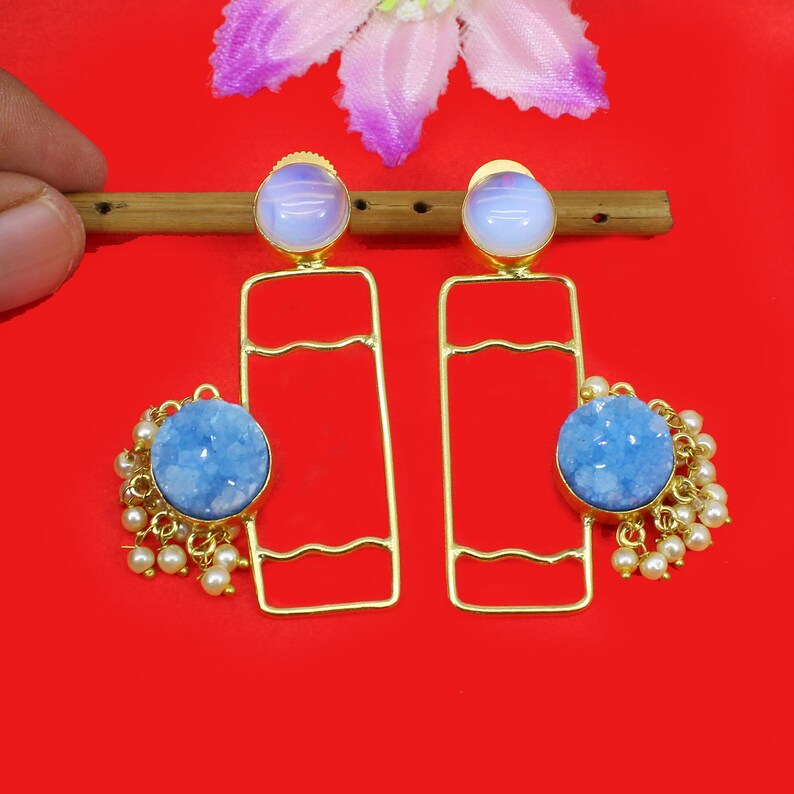Blue Druzy Earrings Opalite Earrings Pearl Indian Jewelry Etsy
