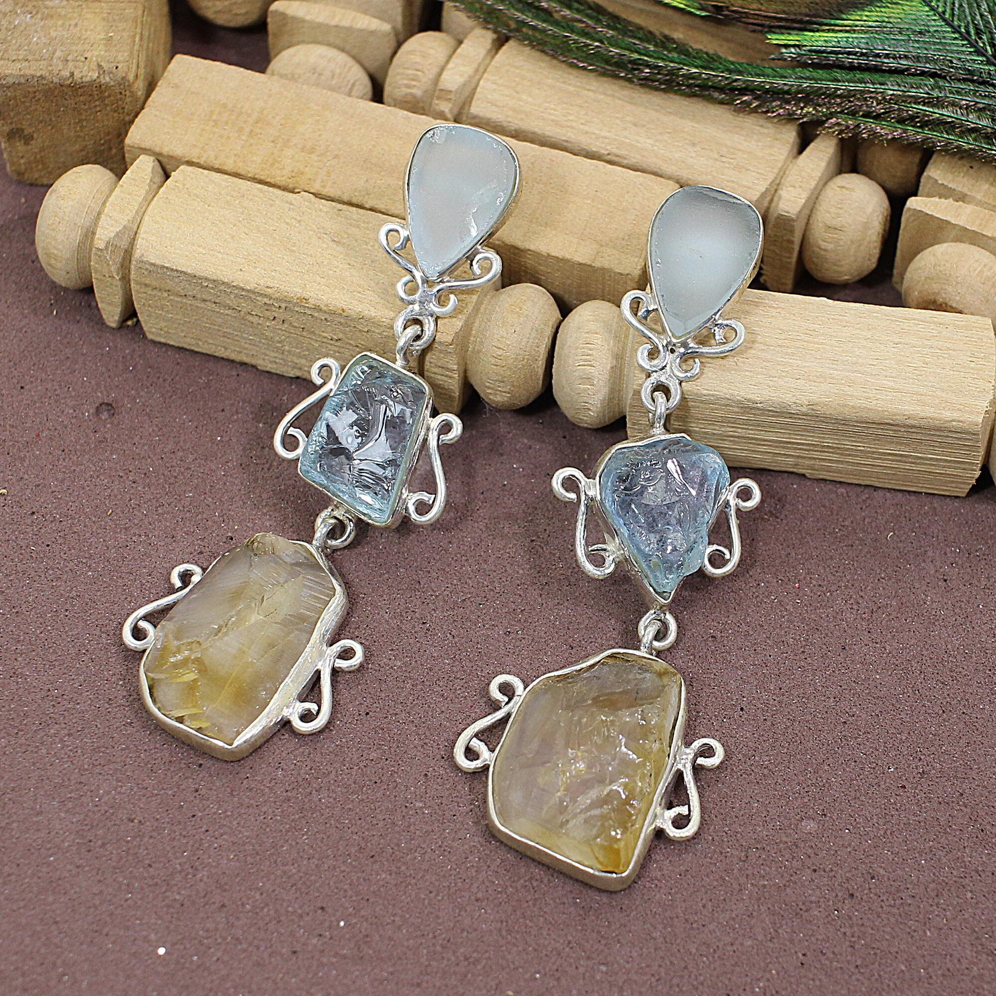 Natural Blue Topaz Earrings, Gemstone Earrings, Citrine