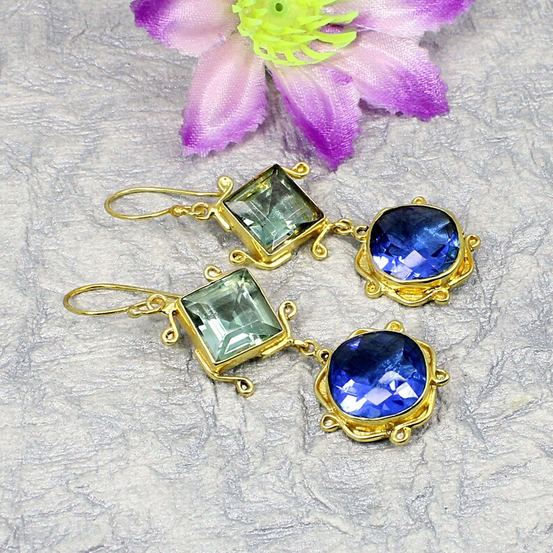 Tanzanite Gemstone Handcrafted Jewelry,Long Dangle Earring,Gold Plated Brass Earring Gift For Her Friend,Vintage Green Amethyst Earring