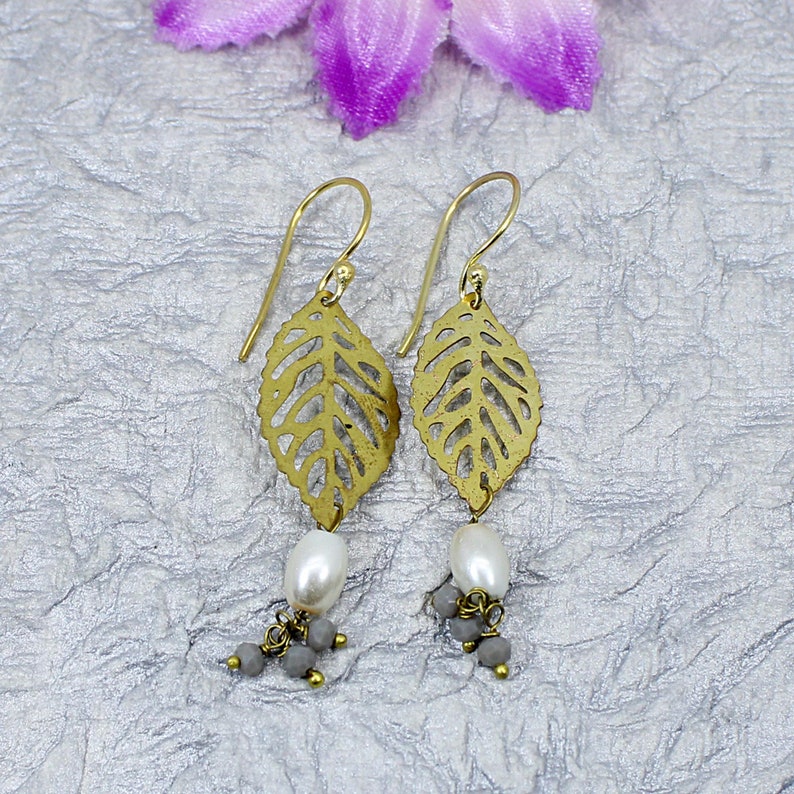 Laser Cut Earrings Gold Plated Jewelry Gift For Wife Filigree Earrings Pearl Earrings Leaf Earrings Agate Gemstone Grey Agate Jewelry