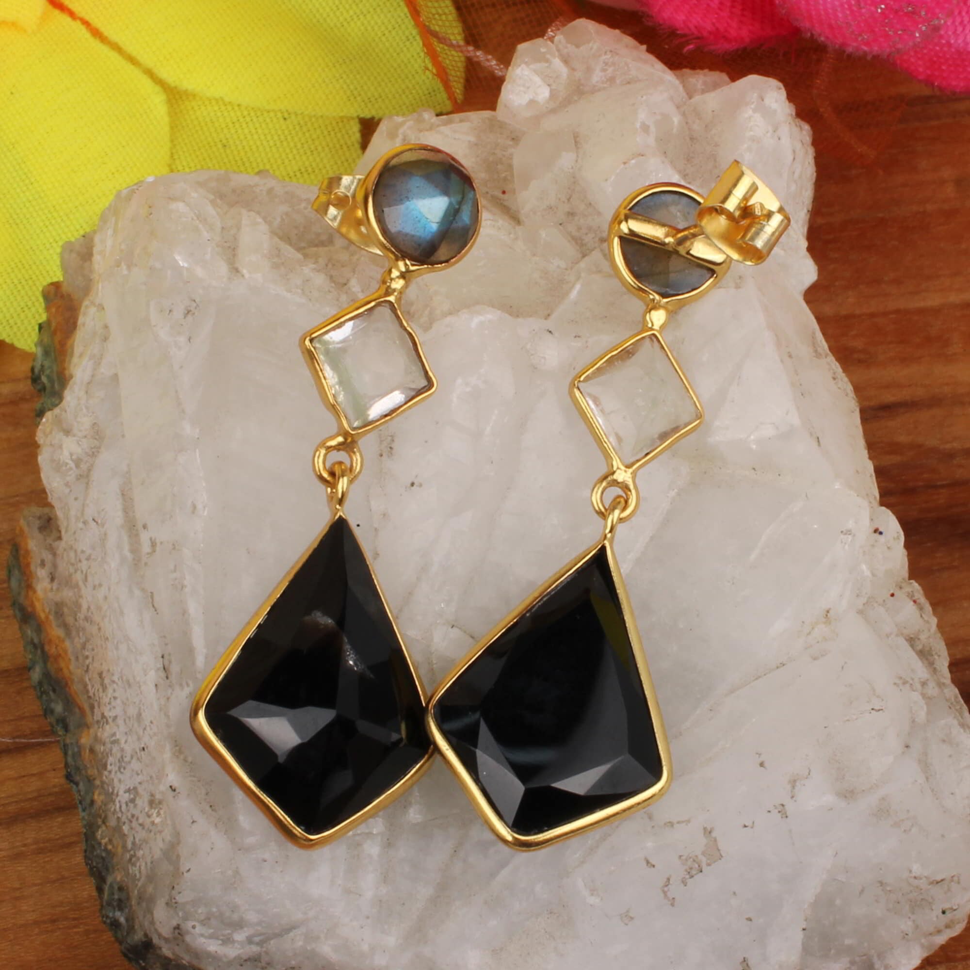 Handmade Black Onyx & Labradorite Brass Dangle Earrings