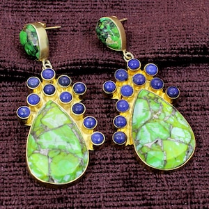 Green Copper Turquoise and Lapis Gemstone Gold Plated Long Brass Earrings