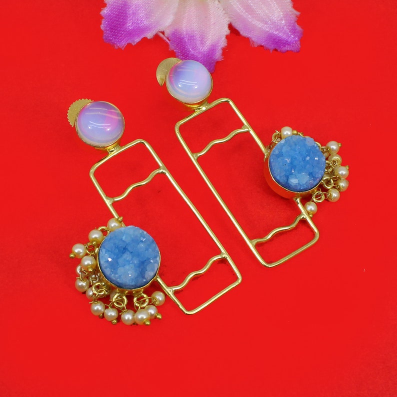 Blue Druzy Earrings Opalite Earrings Pearl Indian Jewelry Etsy