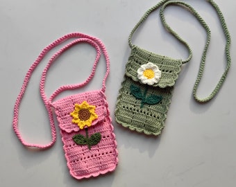 Sac de téléphone à fleurs au crochet, sac à main à fleurs Amigurumi, support de téléphone fait à la main