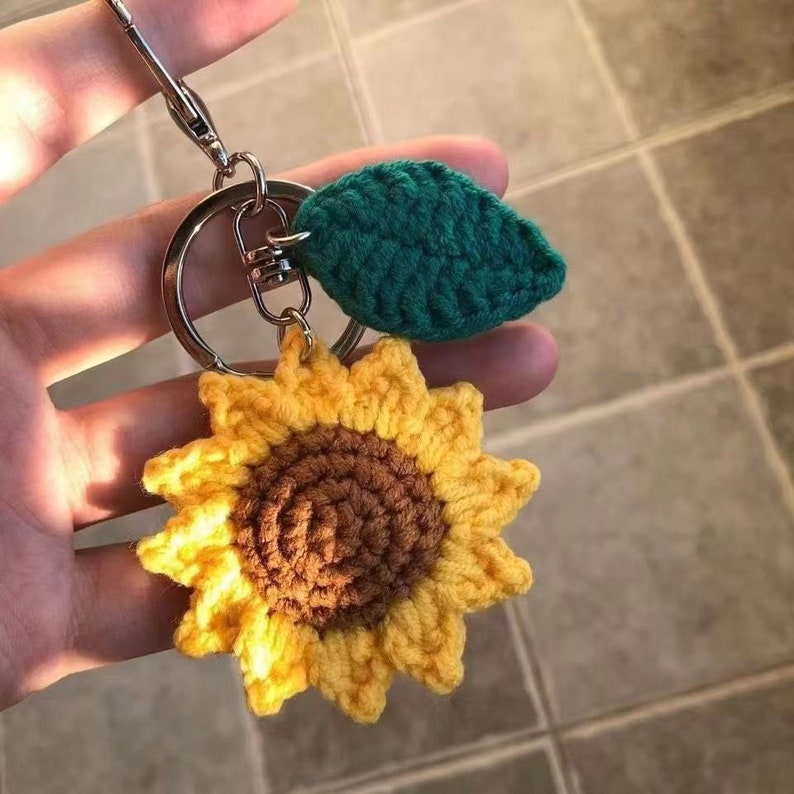 Sunflower Crochet Keychain, Amigurumi Sunflower Key Accessories, Handmade Knitted Key Chain, Sunflower Accessories, Sunflower Bag Charms image 1