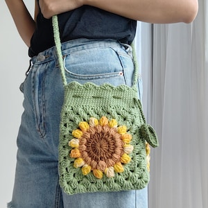 Sac à bandoulière tournesol au crochet, pochette tournesol amigurumi, sac à main à cordon fait main