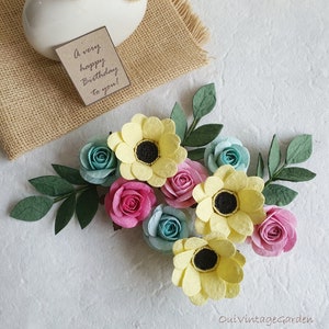 Small Paper Flowers Set, Paper Yellow Gerbera, Pink, Blue Rose and Leaves Decoration, Party, Gift, DIY Décor